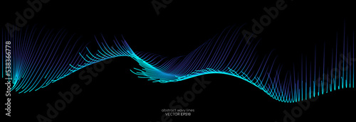Vector wave lines smooth flowing dynamic blue green gradient light isolated on black background for concept of technology, digital, communication, science, music