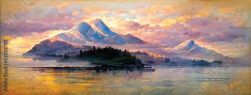 Landscapes of North America, panorama view. Sunrise at the lake. Alaska watercolor painting. Digital art.