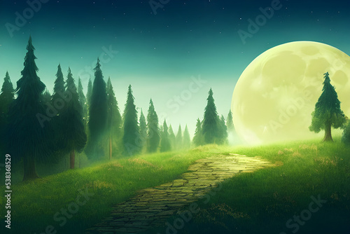 Full moon shines over a fantasy forest.