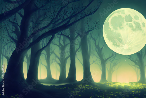 Full moon shines over a fantasy forest.