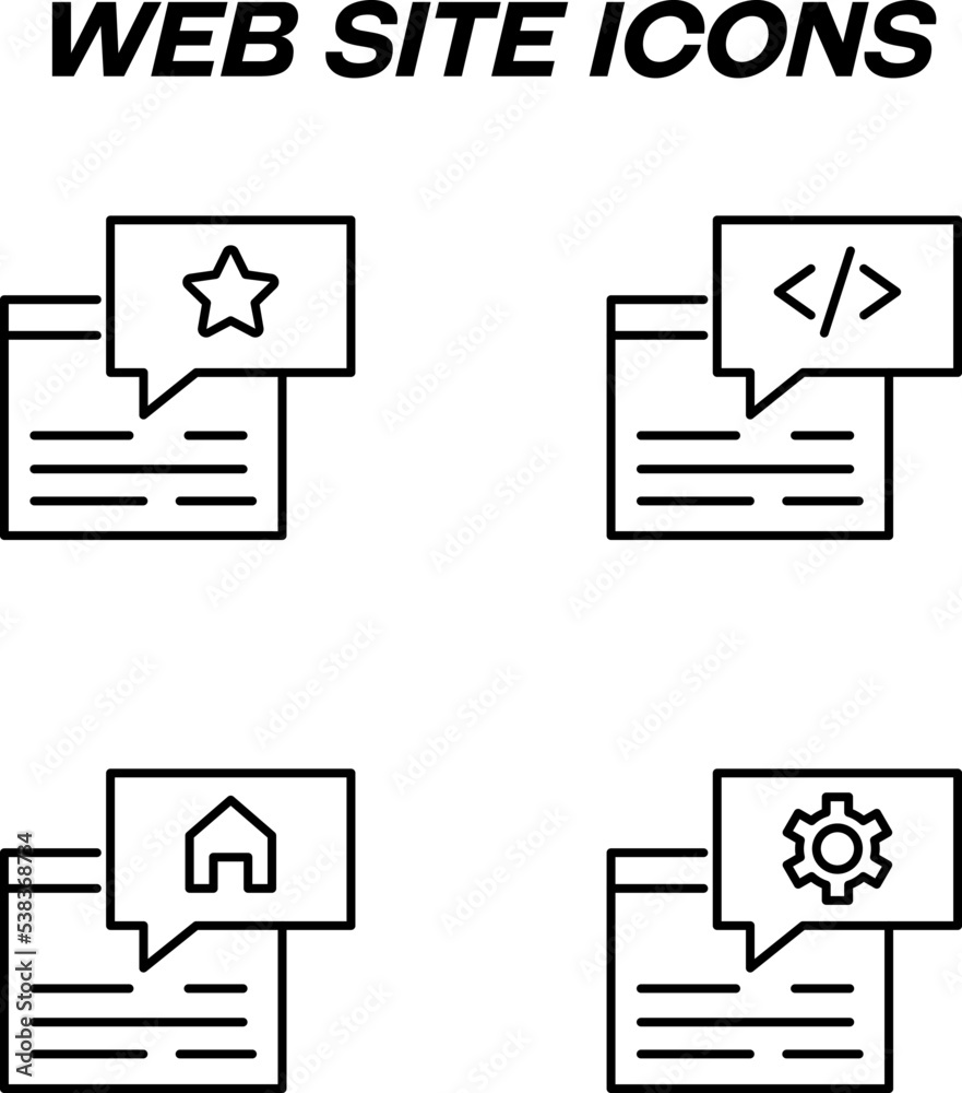 Monochrome signs in flat style for stores, shops, web sites. Editable stroke. Vector line icon set with symbols of star, programming, house, gear in box by web site Monochrome signs in flat style for stores, shops, web sites. Editable stroke. Vector line icon set with symbols of star, programming, house, gear in box by web site