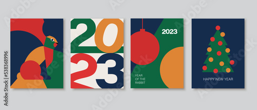 Happy Chinese 2023 New Year abstract geometric card design. Modern flat minimalist style. Merry Christmas invitation, poster, greeting card.