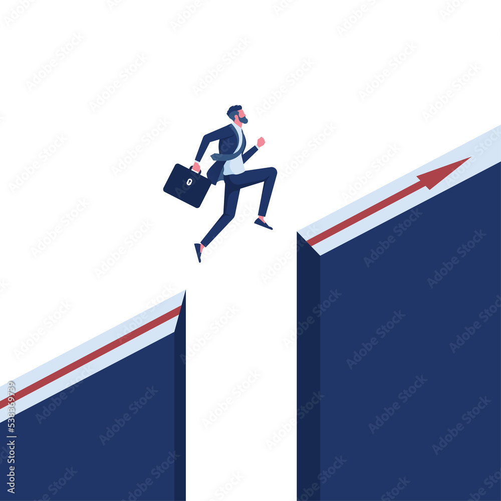 businessman jump through the gap between hill, man jumping over cliff ...