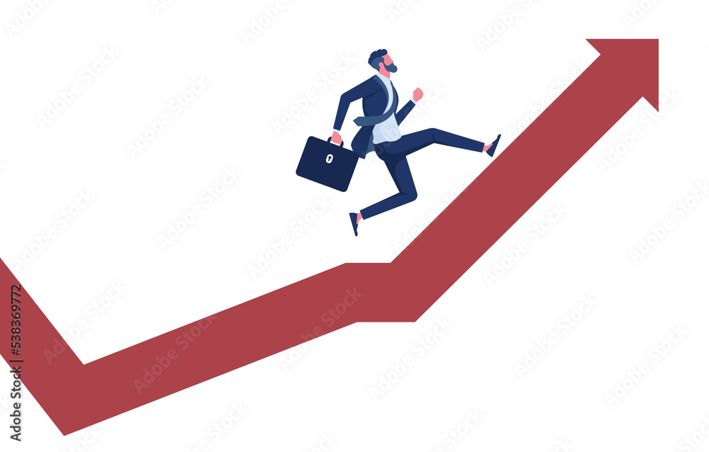 businessman running up an business arrow which is growing in revenue and profits of company, business growth vector concept businessman running up an business arrow which is growing in revenue and profits of company, business growth vector concept