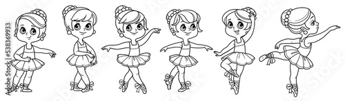 Beautiful set ballerina girls in lush tutu and pointe shoes dancing outlined for coloring isolated on a white background