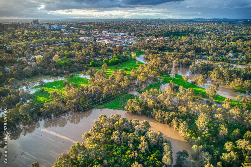 Aerial view of the Yarra Flats fooodplain in Heidelberg,  Melbourne, during floods on 15 October 2022. Victoria, Australia.