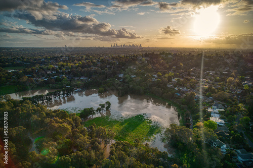 Aerial view of the Yarra Flats fooodplain in Bulleen,  Melbourne, during floods on 15 October 2022. Victoria, Australia.