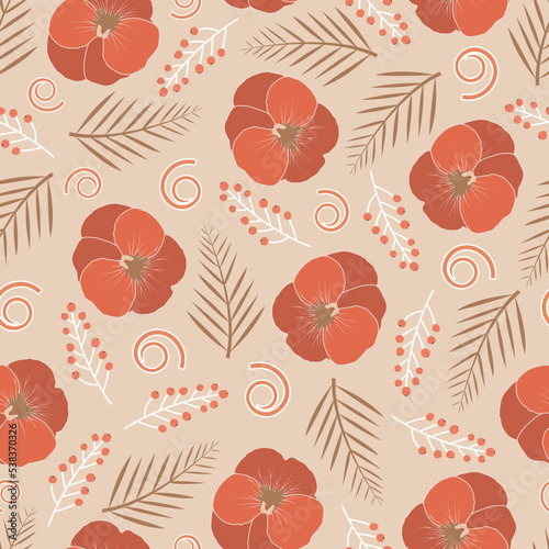 Floral seamless pattern design. Decorative all-over print for textile and printing. Ditsy abstract poppy flowers and palm leaves