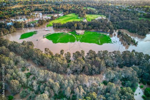 Aerial view of the Yarra Flats fooodplain in Bulleen,  Melbourne, during floods on 15 October 2022. Victoria, Australia.