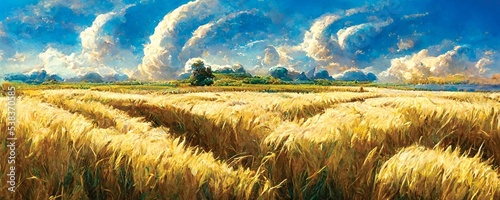 Panoramic view, summer landscape, wheat field photo