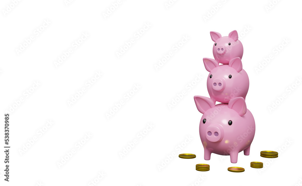 piggy bank family with gold coins money. saving money Concept, 3d ...