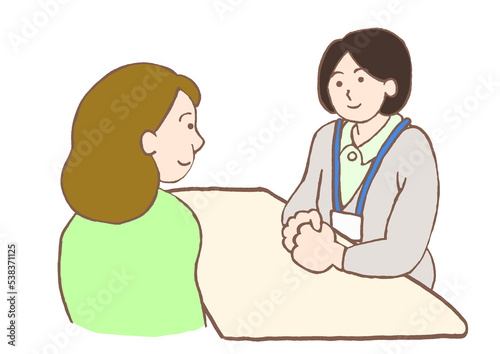 精神保健福祉士と面談をするうつ病の女性のイラスト