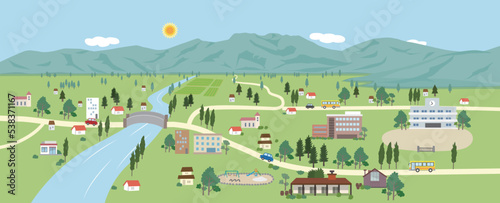山と川と町のある風景の背景イラスト
