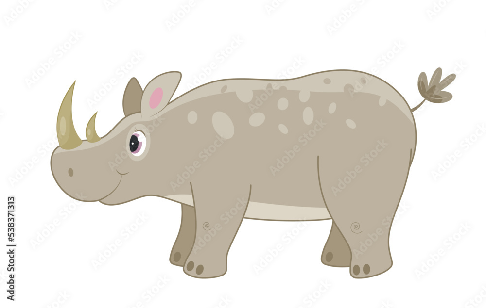 African rhinoceros concept. Graphic element for printing on fabric, poster or banner for website. Tropics and exotic. Fauna and Savannah and wildlife, big gray animal. Cartoon flat vector illustration