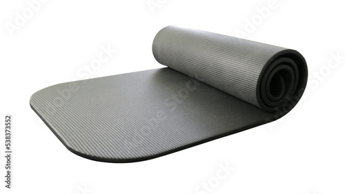 gym mat dark grey partly rolled up isolated photo