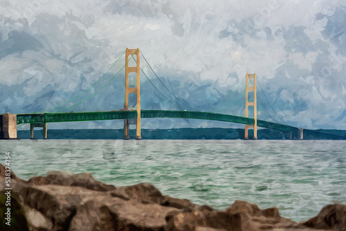 Digitally created watercolor painting of the Mackinaw Bridge with large boulders on the shoreline on a cloudy day