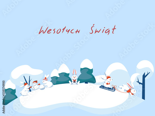 Wesolych Swiat Seasonal Polish Holiday Greetings . Vector illustration with joyful rabbits having fun on snowy landscape. Great for posters, greetings and banners. 