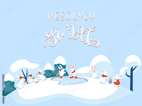 Wesolych Swiat Happy Holidays winter vector illustration with hand lettering in Polish. Little joyful rabbits have fun on snowy landscape.  photo