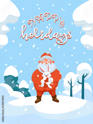 Colorful Christmas Greeting Card. Joyful smiling Santa Claus is holding little bunny. Funny winter characters on a snowy landscape. Vector illustration. 