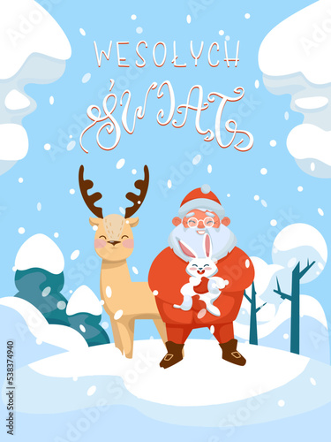 Swiety Mikolaj Polish Santa Claus with a rabbit and Reindeer wish happy holidays. Colorful illustration with joyful characters and winterly landscape great for seasonal posters and greetings.  photo