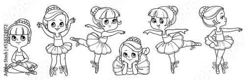 Cartoon ballerina girls sitting on the floor and dancing set outlined for coloring isolated on a white background