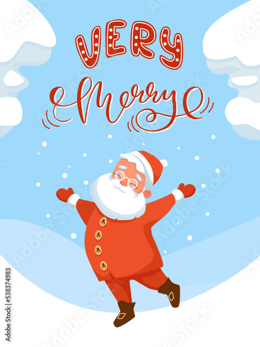Happy Winter Holidays greeting card. Colorful illustration with a laughing Santa Claus dancing and throwing snow on the winter landscape. Traditional red colors. Vector illustration. 
