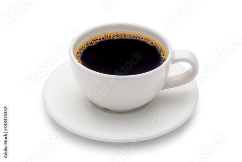 Hot black americano coffee in a white coffee cup lined with a white saucer isolated on the white background with clipping path. Backlight. photo