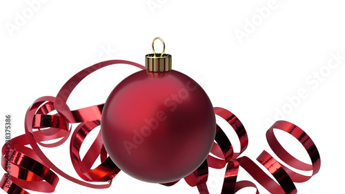 matte red christmas ball with ribbon spiralled, golden hanger, coiled,  isolated copy space
 photo