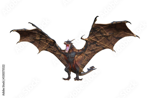 Wyvern or Dragon fantasy creature standing up with wings spread and mouth open, 3D illustration isolated on transparent background.