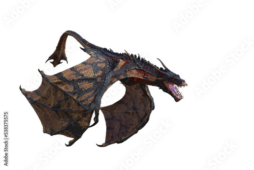 Wyvern or Dragon fantasy creature swooping down to attack, 3D illustration isolated on transparent background.