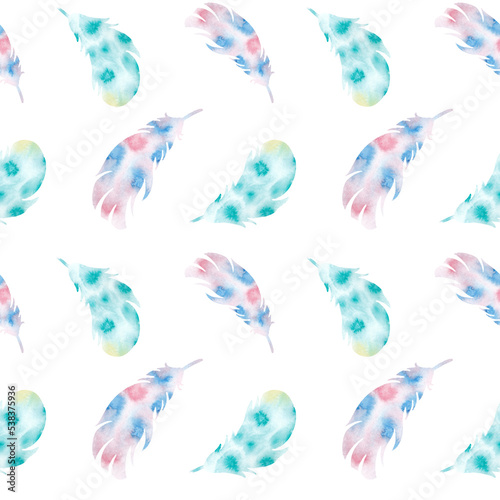 Watercolor seamless pattern with pink and blue feathers  colors with gradient. Wedding romantic style. For decor and design. For backgrounds  printing on paper and textiles.