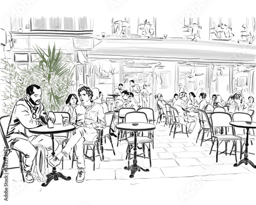 Hand drawn illustration. People enjoy the day at a Cafe in Paris, France. Figures simplified to make unrecognizable.