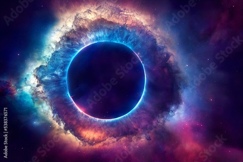 Round hole in the middle of colourful nebula in outer space. AI generated background is not based on any real image. 