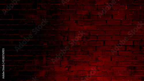 Red Brick wall horizontal view. Vintage brick texture with black shadow