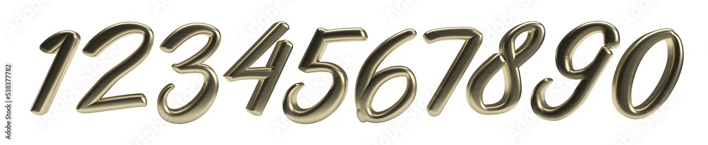 Isolated Math Counting or Numbers 1234567890 or One, Two, Three, Four in Gold Color on White Background. 3D illustration. Isolated Math Counting or Numbers 1234567890 or One, Two, Three, Four in Gold Color on White Background. 3D illustration.