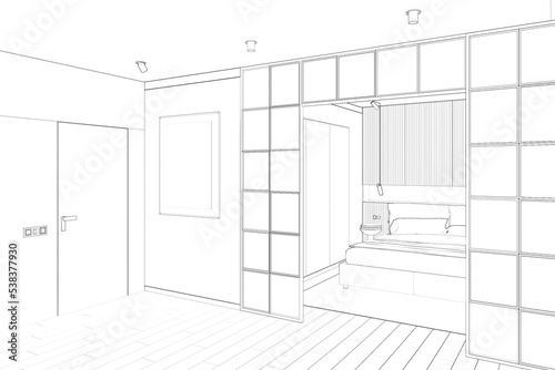 Sketch the modern hall with a vertical poster on a wall next to the build-in door, a partition to a modern bedroom with cabinets above a headboard, and flowers on a bedside table. 3d render