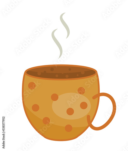 Baby cup of tea icon. Mug of coffee or other hot drinks. Comfort and cosiness in house. Autumn and winter seasons, cold weather. Kitchenware, crockery and tableware. Cartoon flat vector illustration