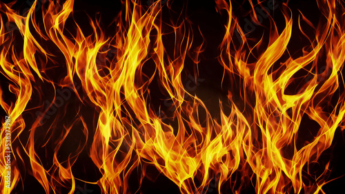 Fire Flames. Blaze raging through with black background. Red, yellow fiery. 3D illustration