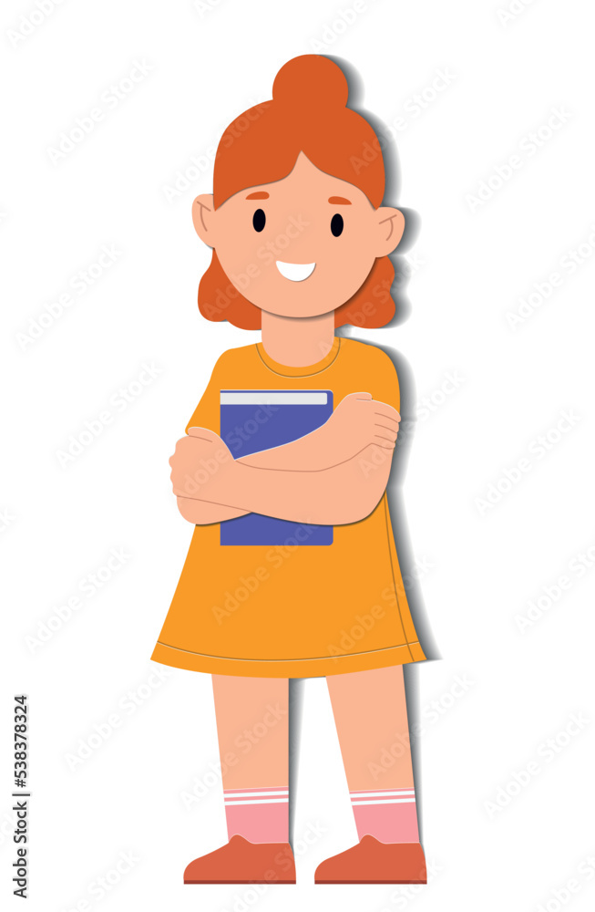 Girl back to school. Schoolgirl with book stands and smiles. Autumn holidays, 1 September and knowledge day. Student with textbooks. Graphic element for website. Cartoon flat vector illustration