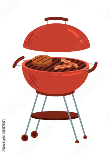 BBQ grilled meat. Outdoor leisure, vacation and holiday. Tasty food, protein, steak. Pork or beef. Barbecue equipment, kitchen tools. Poster or banner for website. Cartoon flat vector illustration