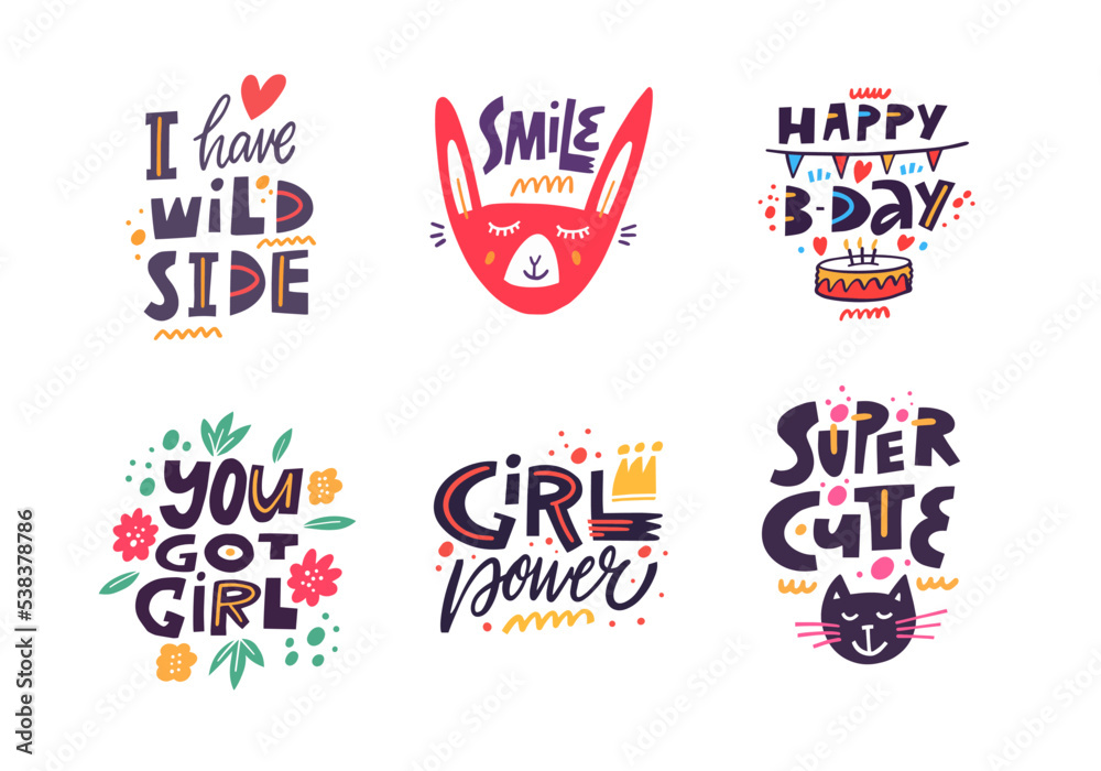 Good hand drawn colorful cartoon style lettering phrases set. Vector illustration art.