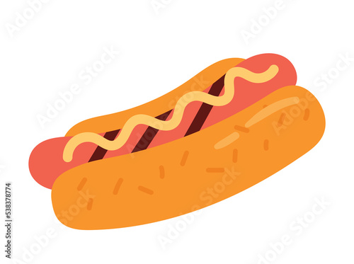 BBQ grilled hot dog. Fried sausage with mustard in loaf. traditional american cuisine, recipe and fast food. Poster or banner for website, social media icon. Cartoon flat vector illustration
