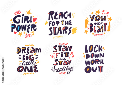 Colorful kids set phrases. Hand drawn lettering quotes vector art.