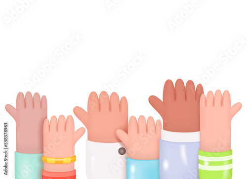 Raised Hands. Voting, Teamwork, Collaboration, Volunteering Concept. 3D illustration Isolated on Transparent Background. People Vote Hands