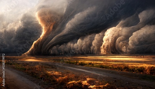 Artistic natural disaster landscape. Tornado. digital art. 3D illustration. 3d rendering.