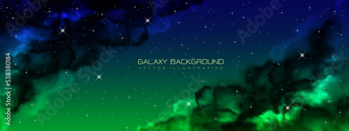 Space background realistic purple green nebula shining stars cosmos stardust milky way galaxy infinite universe and starry night vector