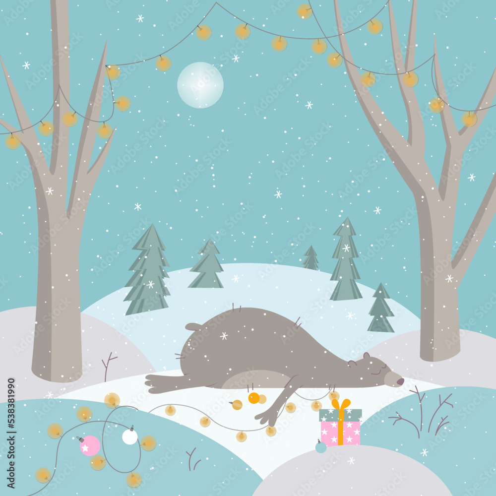 Naklejka premium Cute winter landscape with bear. Winter banner. Winter walk. A bear sleep in the winter. Winer time. Happy New Year and Merry Christmas 