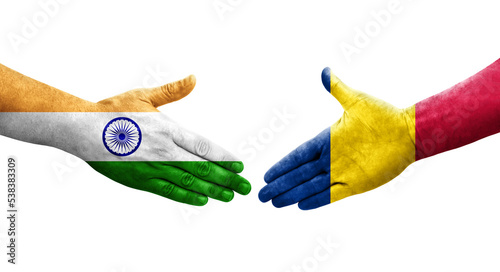 Photos Handshake between Chad and India flags painted on hands, isolated transparent image