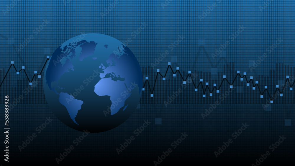 Vector economic dark blue poster. Planet earth on the background of investment, financial, stock charts, indices and graphes Vector economic dark blue poster. Planet earth on the background of investment, financial, stock charts, indices and graphes