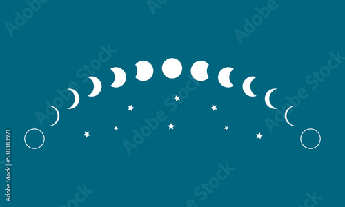 White moon different phases or lunar phases curve and stars on blue background flat vector icon design.